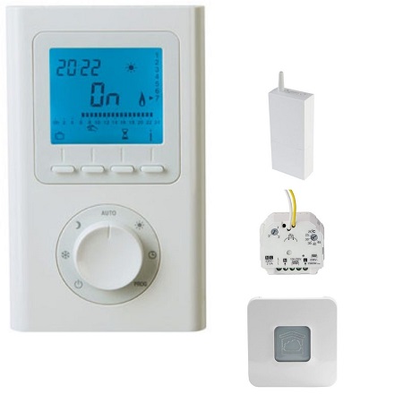 Das Bild zeigt die Produkte der Baureihe VTX also Funkthermostat und Funkempfänger sowie gateway zur Regelung der Vitramo Infrarotheizung
